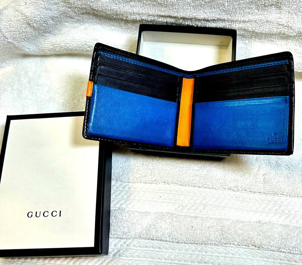 Gucci Guccissima Leather Bi Fold Wallet ~ Black/ Blue ~ Made Italy ~ with Box